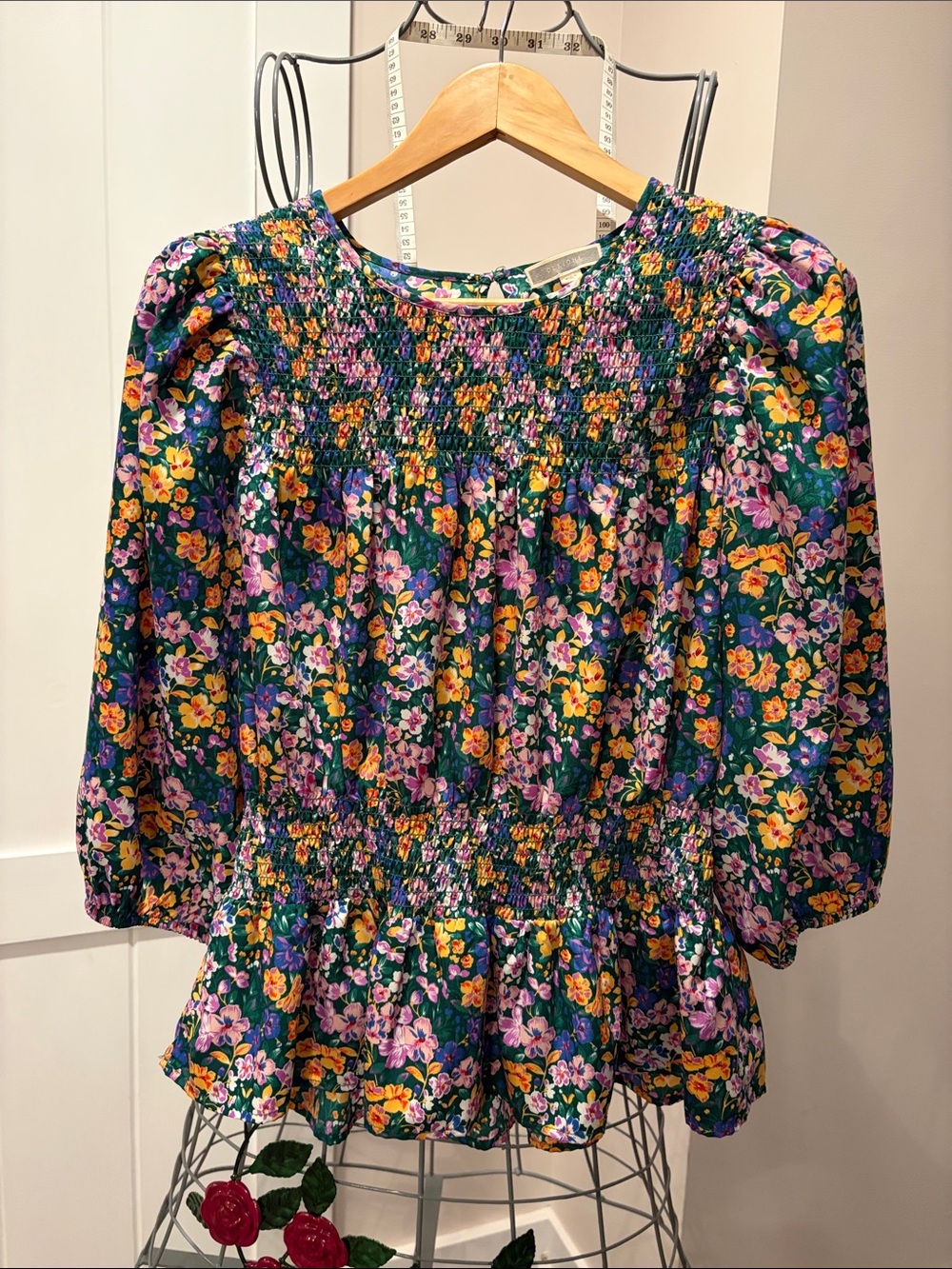 Pleione Green Floral Smocked Peplum Blouse